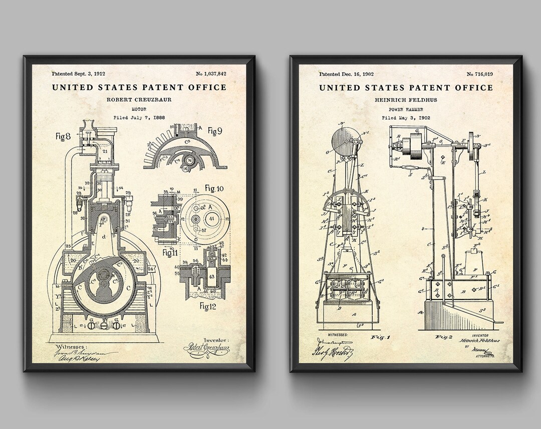 Motor & Power Hammer Patent Wall Art, Mechanical Engineering Invention Blueprint Poster