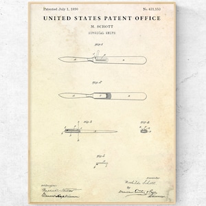 Surgical Scalpel 1890 Patent Print. Antique Surgical Knife Blueprint Poster. Hospital Vintage Decor. Medical History, Surgeon Gift Idea