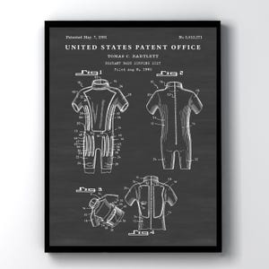 May include: A framed United States Patent Office document for a buoyant body surfing suit by Tomas C. Bartlett, dated May 7, 1991. The print features white technical line drawings on a dark gray background, showing four figures of the suit design.