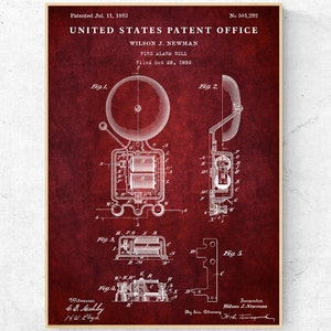 Fire Alarm Bell 1893 Patent Print, Fireman Firefighter Gift, Antique Firefighting Invention Blueprint Poster Firehouse Steampunk Style Decor