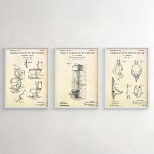 Arredamento vintage per WC: Arte della parete brevettata per il bagno, Cartello WC, Lavabo, Poster del progetto delle invenzioni del bagno, Set di 3 stampe