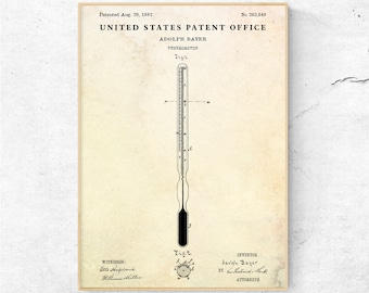 Thermometer 1882 Patent Print. Medical Inventions Blueprint Poster. Therapist Gift, Physician Doctor Office Wall Art