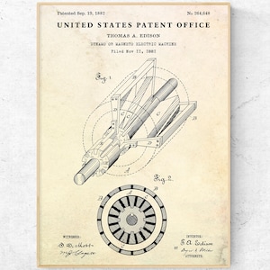 Op de afbeelding: Een vintage patentafdruk van een Dynamo of Magneto Electric Machine door Thomas A. Edison, gedateerd 19 september 1882. De afdruk bevat gedetailleerde technische tekeningen in zwarte inkt op een crèmekleurige achtergrond, met tekst en diagrammen.