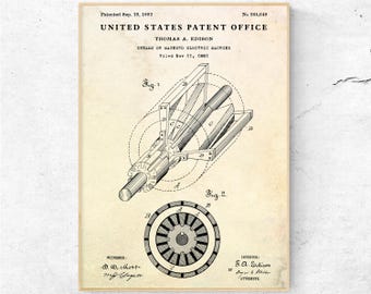 Stampa del brevetto del generatore elettrico Dynamo di Thomas Edison del 1882. Regalo per ingegnere elettrico, decorazione da parete Steampunk. Poster con progetto di invenzione vintage.