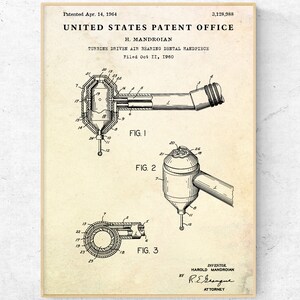 Air-Driven Dental Drill 1964 Patent Print. Dentistry Inventions Blueprint Poster. Dentist Gift. Stomatology Wall Art