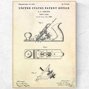 Bench Plane 1883 Patent Print. Blueprint Poster. Garage, Workshop, Woodworker Vintage Poster, Carpenter Gift, Carpentry Wall Art