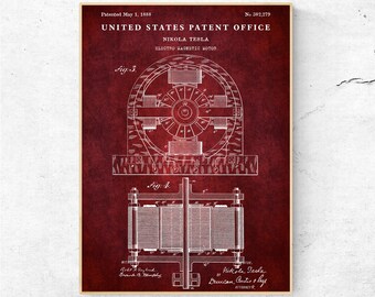 ニコラ テスラ 1888 特許プリント。電磁モーター設計図ポスター