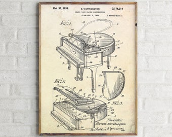 Klavier Patentdruck. Klavier Bauplan. Musik-Raum-Dekor. Musikzimmer Kunst. Klavier Design. Musikinstrument Druck. Patent Art Klavier Zeichnung Poster