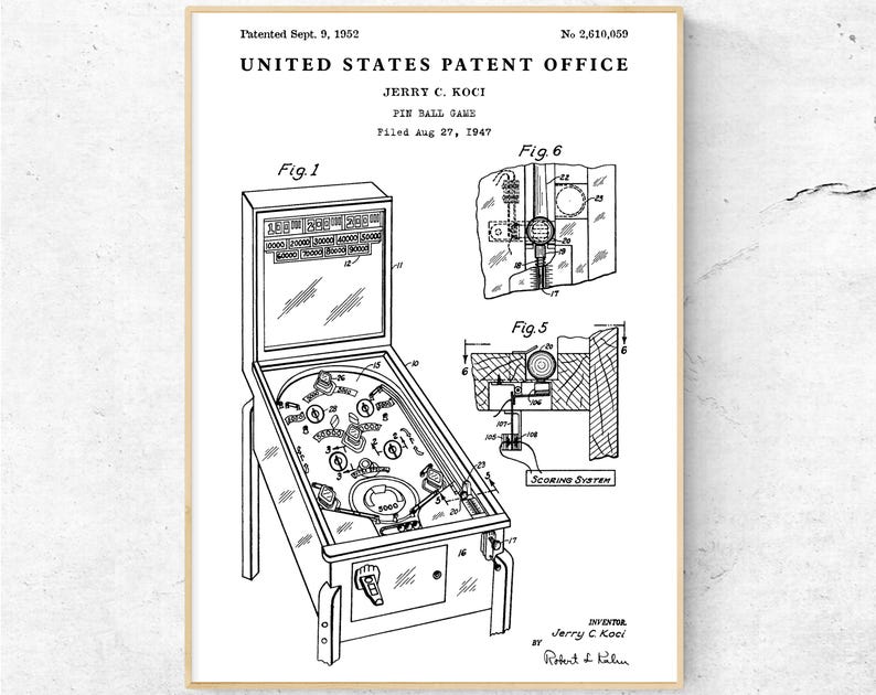 Pinball Game 1952 Patent Art Print, Arcade Games Inventions Blueprint ...