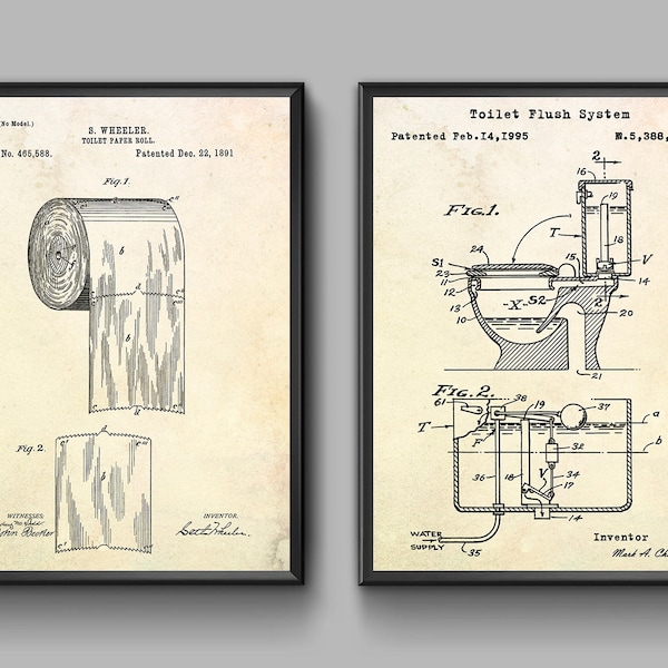 Toilet Paper Poster. Toilet Patent Print. Restroom Wall Art. Blueprint Poster. Bathroom Wall Art, Lavatory WC Decor, Set of 2 Prints