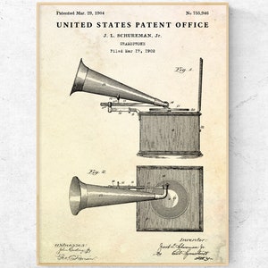 Gramophone Vintage Patent Drawing Print. Music Blueprint Art Poster. Record Player Wall Decor