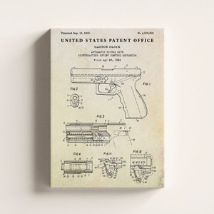 May include: A black and white line drawing of a patent for an automatic pistol with counteracting spring control mechanism. The patent is for Gaston Glock and was filed on April 29, 1982. The patent number is 4,530,889 and was patented on September 10, 1985.