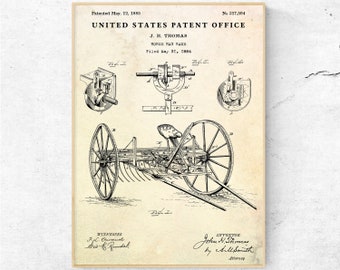 Farmhouse Decor: Horse Hay Rake 1885 Patent Print. Barn Wall Art. Vintage Farming Poster. Farmer Gift