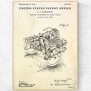 Motorcycle Sidecar 1918 Patent Print. Moto Inventions Blueprint Poster. Motorbike Wall Art. Garage Vintage Decor. Biker Gift