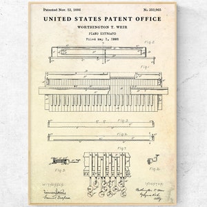 Piano Keys 1886 Patent Print. Music Instruments Inventions Blueprint Poster. Music Room Wall Art Vintage Decor. Pianist Gift
