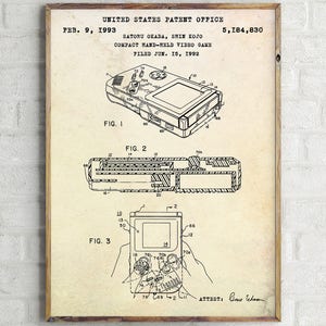 Nintendo Gameboy 1993 Patent Print. Video Game Invention. Blueprint Poster. Geek Vintage Wall Art. Gamer Gift