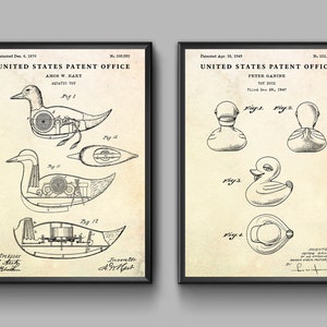 Mechanical Duck Toy and Rubber Duck Patent Art. Bathroom Vintage Wall Decor. Invention Blueprint Poster, Set of 2 Aquatic Prints.