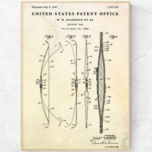 Archery Bow Vintage Patent Drawing Print. Archer Gift. Hunting Decor. Blueprint Wall Art Poster
