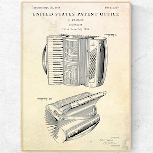 May include: A black and white line drawing of a patent for an accordion. The patent is titled "United States Patent Office" and was filed on 30 June 1938. The patent number is 111,556. The patent was granted to J. Vassos.