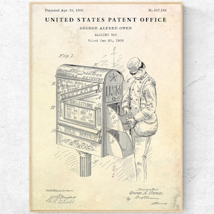 Könnte beinhalten: Vintage Patentdruck einer Briefkasten, datiert vom 10. April 1906. Die Schwarz-Weiß-Illustration zeigt eine detaillierte Zeichnung des Kastens mit Text, einem Postboten und den Worten "United States Patent Office".