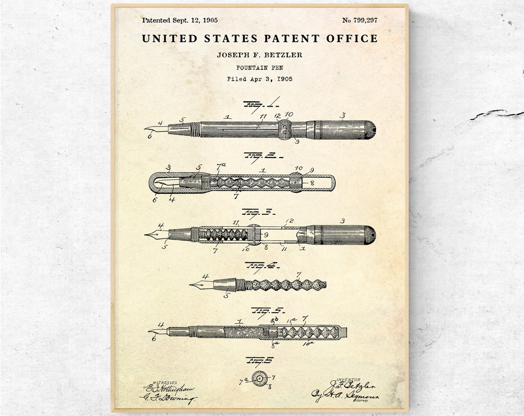 Fountain Pen 1905 Patent Print. Pen Inventions Blueprint Poster. Study