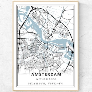 Impression de carte d'Amsterdam, carte d'art murale moderne, cadeau de voyage aux Pays-Bas Poster