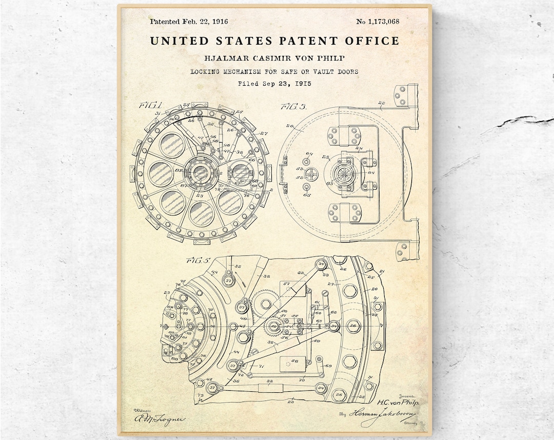 Locking Mechanism for Safe or Vault Doors 1916 Patent Print. Office ...