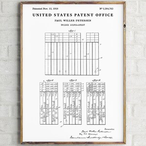 May include: Black and white patent drawing for a bridge score sheet. The drawing shows a grid with numbers and lines. The patent is titled "Bridge Score-Sheet" and was patented on November 12, 1918.