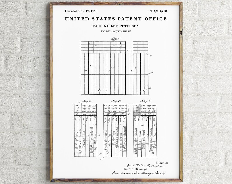 May include: Black and white patent drawing for a bridge score sheet. The drawing shows a grid with numbers and lines. The patent is titled "Bridge Score-Sheet" and was patented on November 12, 1918.