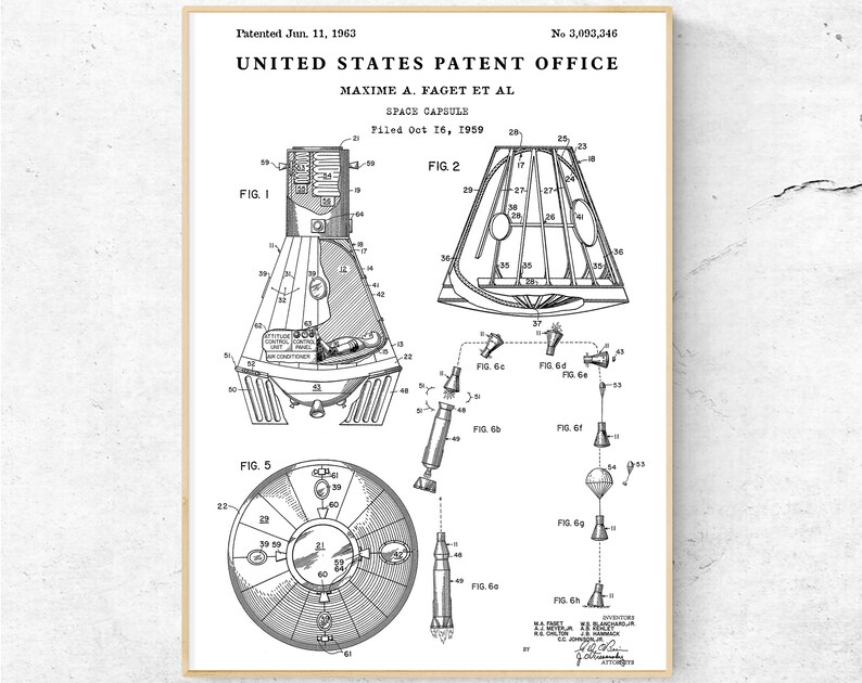 Space Capsule 1963 Patent Print. Spaceship Inventions Blueprint Poster ...