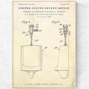 Urinal Patent Print. Toilet Blueprint Poster. Mens Bathroom Vintage Wall Art, Man Cave Restroom Plumbing Decor, WC Sign, Bachelor Pad Gift