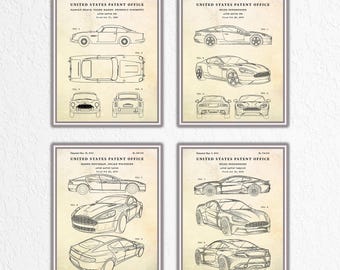 Aston Martin Patent Wall Art, Classic Sports Car Invention, Supercar Blueprint Poster, Man Cave Automotive Vintage Decor, Set of 4 Prints