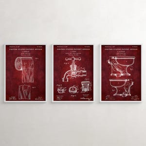 Vintage Toilet Patent Art Prints, Bathroom Restroom Decor, Set of 3 Red