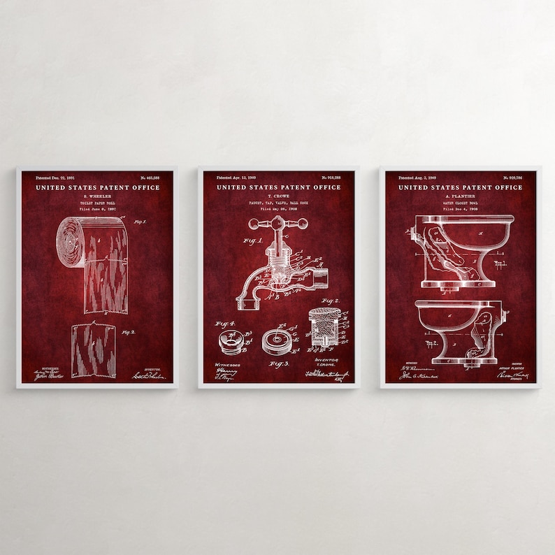 Vintage Toilet Patent Art Prints, Bathroom Restroom Decor, Set of 3 Red