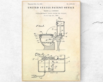 Toilet Flush System Patent Art Print, Bathroom Decor