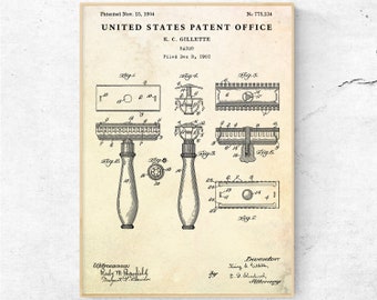 Razor 1904 Patent Print. Bathroom Wall Art. Shaving Inventions Blueprint Poster. Man Cave Decor. Gift For Men