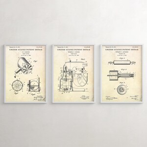 Vintage Kitchen Patent Wall Art, Stand Mixer, Flour Sifter, Rolling Pin, Rustic Culinary Poster, Farmhouse Kitchen Decor, Set of 3 Prints