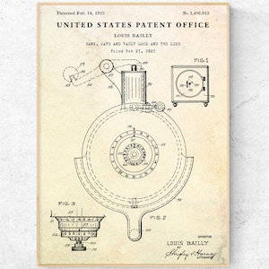 Bank Safe and Vault Lock 1922 Patent Print. Office Decor, Inventions Blueprint Poster. Banking Gift, Banker Wall Art