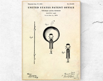 Op de afbeelding: Een zwart-witte illustratie van Thomas Alva Edisons patent voor een elektrische lamp. Het patentnummer is 223.808 en de datum is 27 januari 1880. Het patent werd ingediend op 4 november 1879.