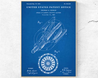 May include: A framed blueprint of a patent drawing for a dynamo or magneto electric machine, invented by Thomas A. Edison. The drawing is in white on a blue background, with detailed diagrams and text including the patent date and inventor's name.
