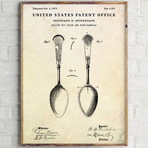 Spoon Vintage Patent Drawing Poster. Blueprint Wall Art. Kitchen, Dining Room, Cafe, Restaurant Wall Decor. Flatware, Silverware Print
