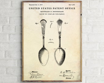 Spoon Vintage Patent Drawing Poster. Blueprint Wall Art. Kitchen, Dining Room, Cafe, Restaurant Wall Decor. Flatware, Silverware Print