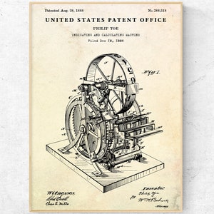 May include: Black and white illustration of a patent for an indicating and calculating machine. The patent was filed on 18 December 1886 and granted on 28 August 1888 to Philip Yoe. The patent number is 388,518.