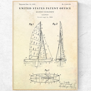 Sailboat 1938 Patent Print. Sailing Inventions Blueprint Sail Boat Poster. Maritime Vintage Wall Art. Nautical Decor. Sailor Gift