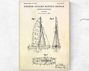 Sailboat 1938 Patent Print. Sailing Inventions Blueprint Sail Boat Poster. Maritime Vintage Wall Art. Nautical Decor. Sailor Gift