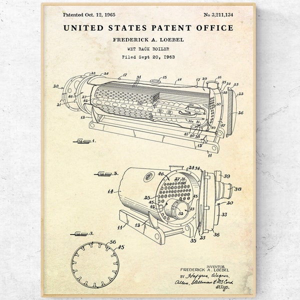 Boiler 1965 Patent Print. Home Vintage Decor, Industrial Wall Art, Inventions Blueprint Poster, Engineer Gift, Ready to Hang Canvas