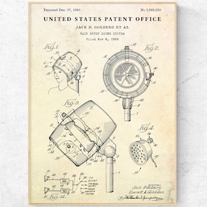 Hair Dryer 1960 Patent Print. Hairdressing Inventions Poster. Barbershop Vintage Decor. Beauty Salon Retro Wall Art. Hairdresser Gift