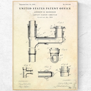 Plumbing Connection 1908 Patent Print. Invention Blueprint Poster. Bathroom Vintage Wall Art, Plumber Gift, Ready to Hang Canvas