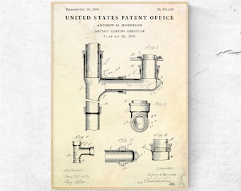 Plumbing Connection 1908 Patent Print. Invention Blueprint Poster. Bathroom Vintage Wall Art, Plumber Gift