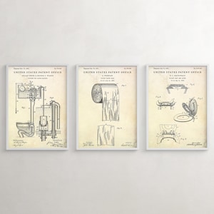 Bathroom Wall Decor, Vintage Patent Drawing Prints, Toilet Inventions Schematic Wall Art, Restroom Decor, Set of 3 Blueprint Posters
